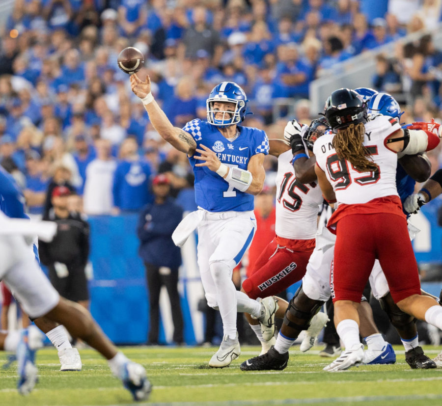 Kentucky Wildcats quarterback Will Levis (7) throws a pass during the No. 8 Kentucky vs. Northern Illinois football game on Saturday, Sept. 24, 2022, at Kroger Field in Lexington, Kentucky. Kentucky won 31-23. Photo by Isabel McSwain | Staff