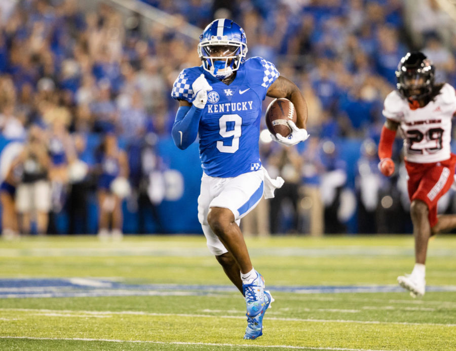 Kentucky Wildcats wide receiver Tayvion Robinson (9) runs down the field to score a touchdown during the No. 8 Kentucky vs. Northern Illinois football game on Saturday, Sept. 24, 2022, at Kroger Field in Lexington, Kentucky. Kentucky won 31-23. Photo by Isabel McSwain | Staff