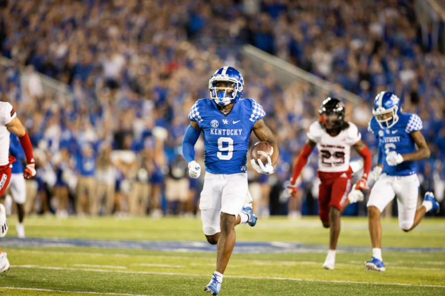 Kentucky Wildcats wide receiver Tayvion Robinson (9) runs down the field to score a touchdown during the No. 8 Kentucky vs. Northern Illinois football game on Saturday, Sept. 24, 2022, at Kroger Field in Lexington, Kentucky. Kentucky won 31-23. Photo by Isabel McSwain | Staff