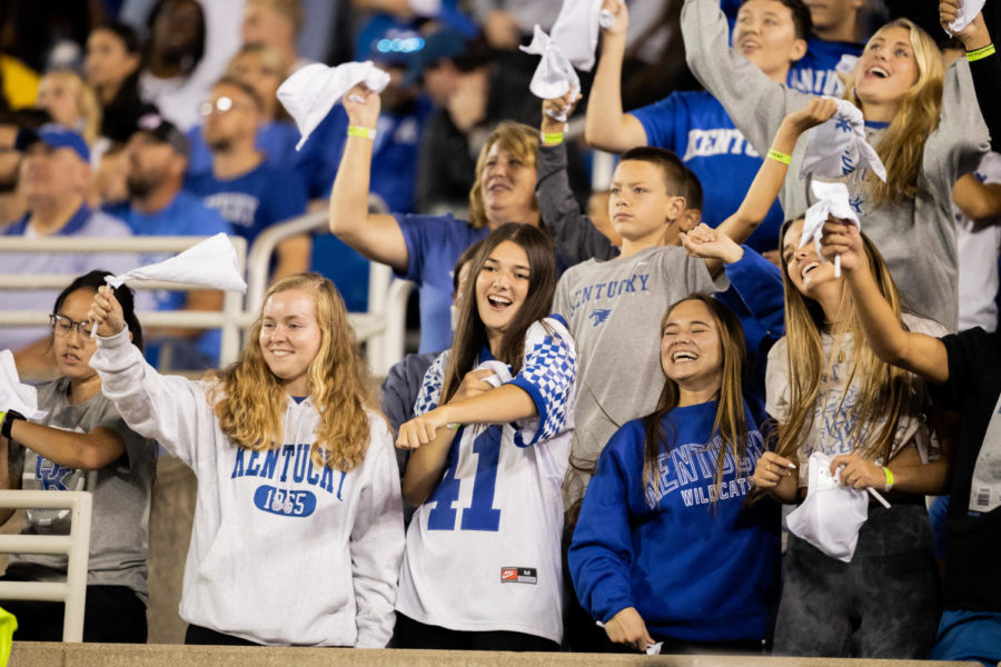 Kentucky fans cheer during the No. 8 Kentucky vs. Northern Illinois football game on Saturday, Sept. 24, 2022, at Kroger Field in Lexington, Kentucky. Kentucky won 31-23. Photo by Isabel McSwain | Staff