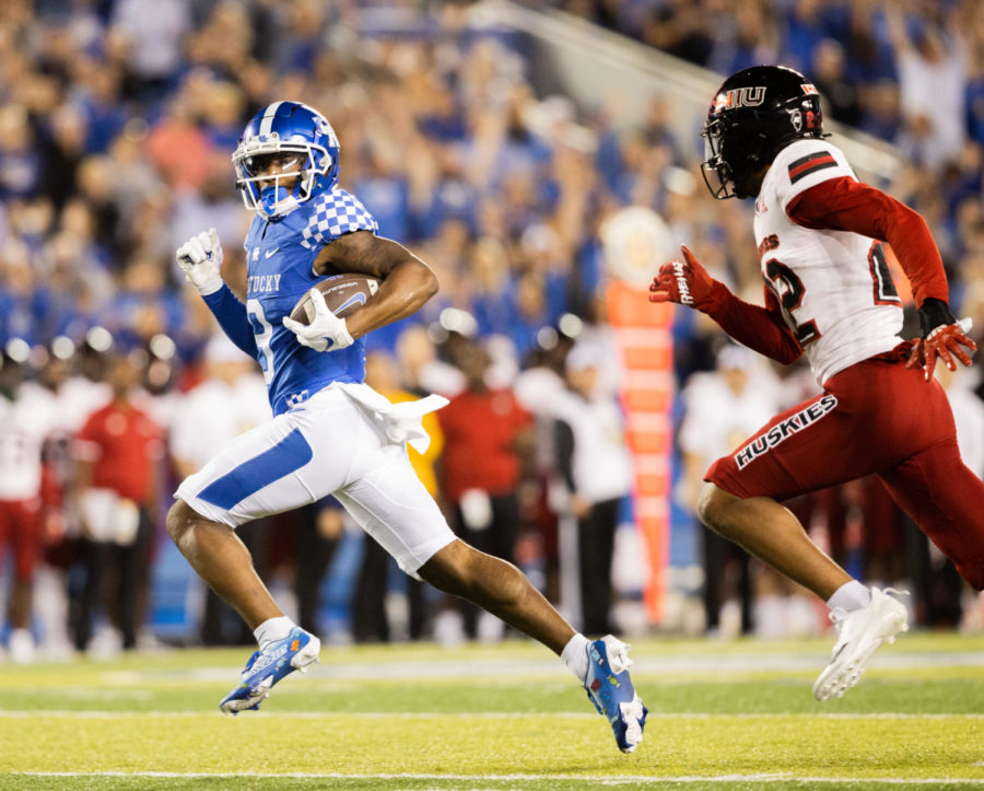 Kentucky Wildcats wide receiver Tayvion Robinson (9) scores a touchdown during the No. 8 Kentucky vs. Northern Illinois football game on Saturday, Sept. 24, 2022, at Kroger Field in Lexington, Kentucky. Kentucky won 31-23. Photo by Isabel McSwain | Staff