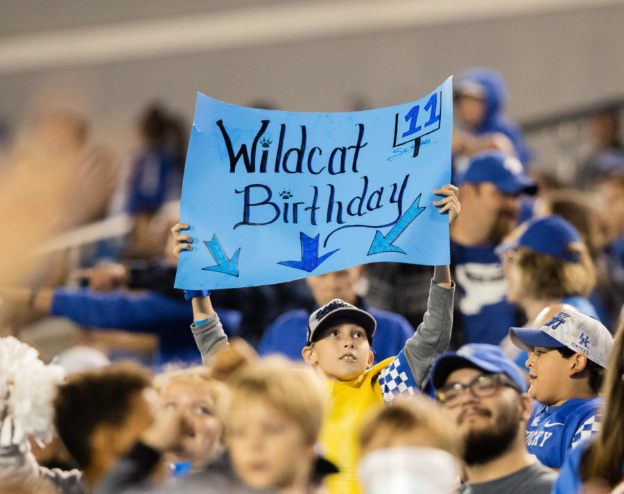 A UK fan celebrates a birthday during the No. 8 Kentucky vs. Northern Illinois football game on Saturday, Sept. 24, 2022, at Kroger Field in Lexington, Kentucky. Kentucky won 31-23. Photo by Isabel McSwain | Staff
