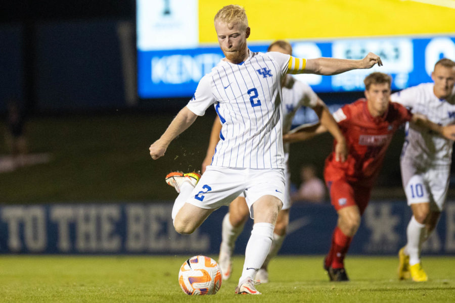 Kentucky Wildcats defender Robert Screen (2) shoots a penalty kick to secure the third goal during the Kentucky vs. Belmont mens soccer on Friday, Sept. 2, 2022, at the Wendell and Vickie Bell Soccer Complex in Lexington, Kentucky. UK won 3-0. Photo by Abby Szydlik | Staff