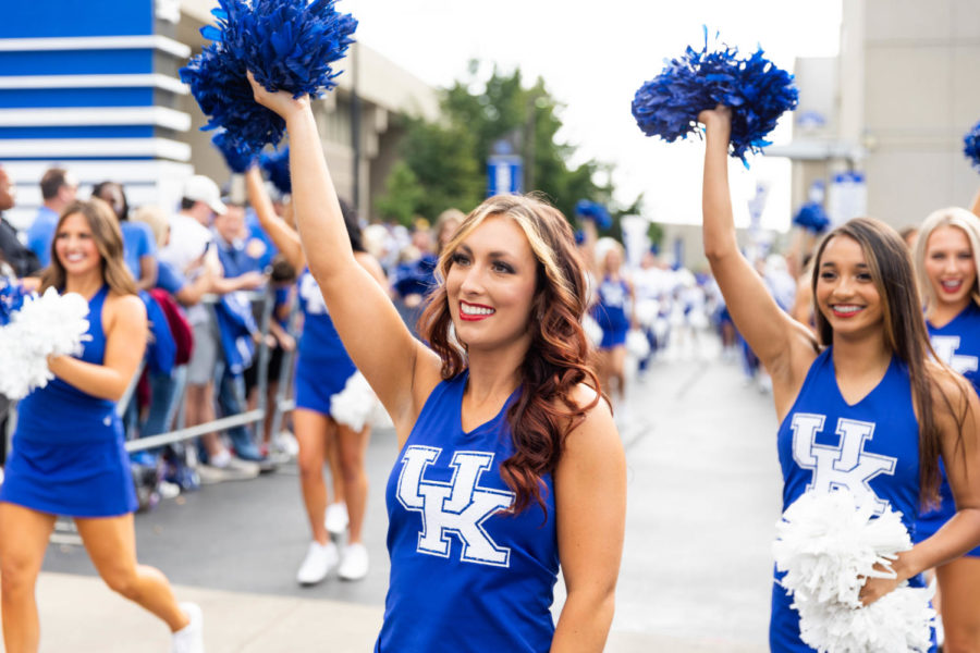 The Kentucky Dance Team cheers during the Cat Walk before the No. 8 Kentucky vs. Northern Illinois football game on Saturday, Sept. 24, 2022, at Kroger Field in Lexington, Kentucky. Photo by Abby Szydlik | Staff