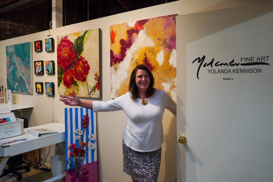 Yolanda Kennison welcomes guests into her art room on Friday, Sept. 16, 2022, at the Lex Arts Hop in Lexington, Kentucky. Photo by Bryce Towle | Staff