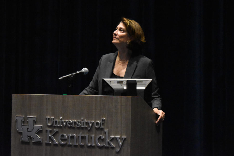 NPR journalist Mara Liasson speaks in the Worsham Cinema on Thursday, Sept. 15, 2022, at the University of Kentucky in Lexington, Kentucky. Photo by Abbey Cutrer | Kentucky Kernel