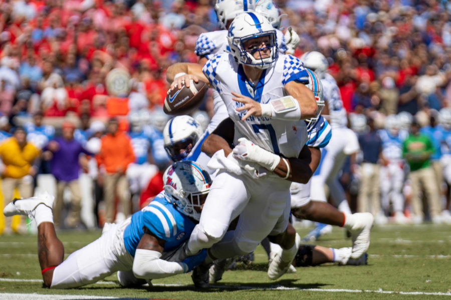 Kentucky Wildcats quarterback Will Levis (7) is sacked in the end zone for a safety during the No. 7 Kentucky vs. No. 14 Ole Miss football game on Saturday, Oct. 1, 2022, at Vaught Hemingway Stadium in Oxford, Mississippi. Ole Miss won 22-19. Photo by Jack Weaver | Staff