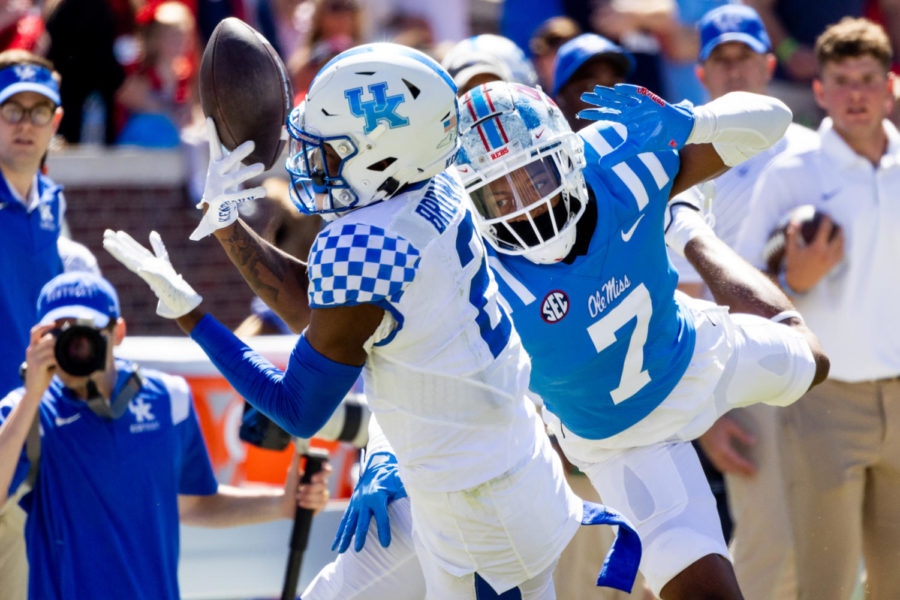 Kentucky Wildcats wide receiver Barion Brown (2) drops a pass during the No. 7 Kentucky vs. No. 14 Ole Miss football game on Saturday, Oct. 1, 2022, at Vaught Hemingway Stadium in Oxford, Mississippi. Ole Miss won 22-19. Photo by Jack Weaver | Staff