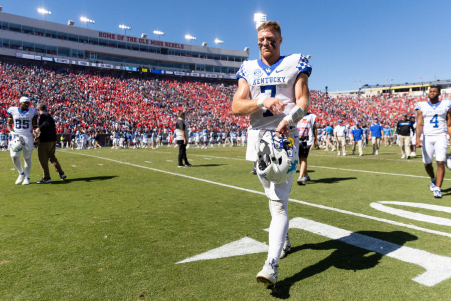 Kentucky Wildcats quarterback Will Levis (7) walks off the field after the No. 7 Kentucky vs. No. 14 Ole Miss football game on Saturday, Oct. 1, 2022, at Vaught Hemingway Stadium in Oxford, Mississippi. Ole Miss won 22-19. Photo by Jack Weaver | Staff