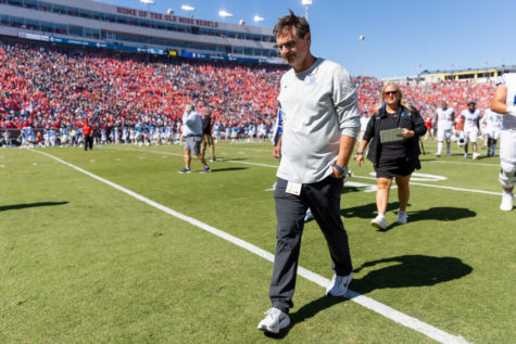 Kentucky Wildcats offensive coordinator Rich Scangarello walks off the field after the No. 7 Kentucky vs. No. 14 Ole Miss football game on Saturday, Oct. 1, 2022, at Vaught Hemingway Stadium in Oxford, Mississippi. Ole Miss won 22-19. Photo by Jack Weaver | Staff
