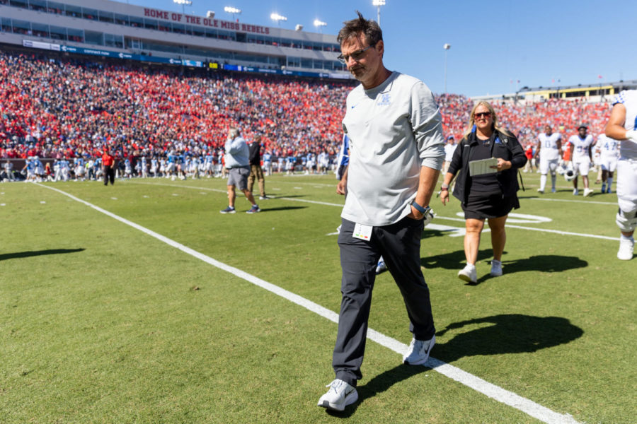 Kentucky Wildcats offensive coordinator Rich Scangarello walks off the field after the No. 7 Kentucky vs. No. 14 Ole Miss football game on Saturday, Oct. 1, 2022, at Vaught Hemingway Stadium in Oxford, Mississippi. Ole Miss won 22-19. Photo by Jack Weaver | Staff
