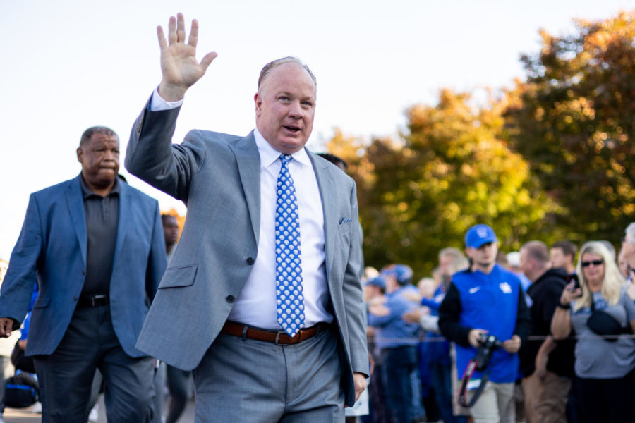 Kentucky Wildcats head coach Mark Stoops walks through the Cat Walk before the No. 22 Kentucky vs. No. 16 Mississippi State football game on Saturday, Oct. 15, 2022, at Kroger Field in Lexington, Kentucky. Photo by Jack Weaver | Staff