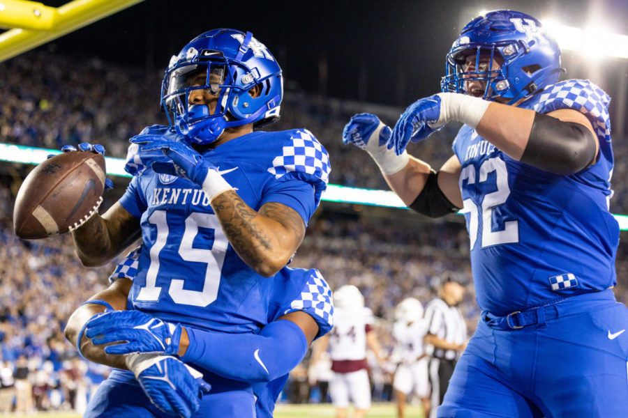 Kentucky Wildcats wide receiver Rahsaan Lewis (19) celebrates after scoring a touchdown during the No. 22 Kentucky vs. No. 16 Mississippi State football game on Saturday, Oct. 15, 2022, at Kroger Field in Lexington, Kentucky. UK won 27-17. Photo by Jack Weaver | Staff