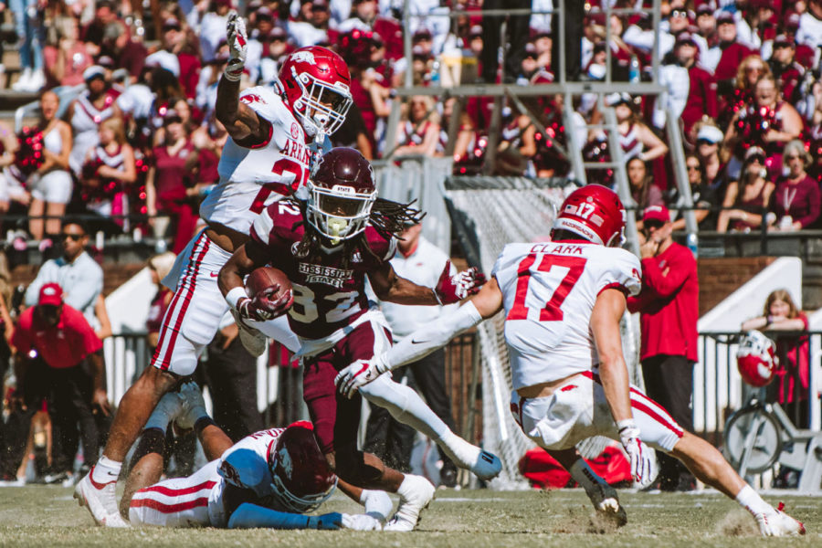 Mississippi State Bulldogs running back J.J. Jernighan (32) runs the ball during the Mississippi State vs. Arkansas football game on Saturday, Oct. 8, 2022, at Davis Wade Stadium in Starkville, Mississippi. Photo provided by Landon Scheel | The Reflector