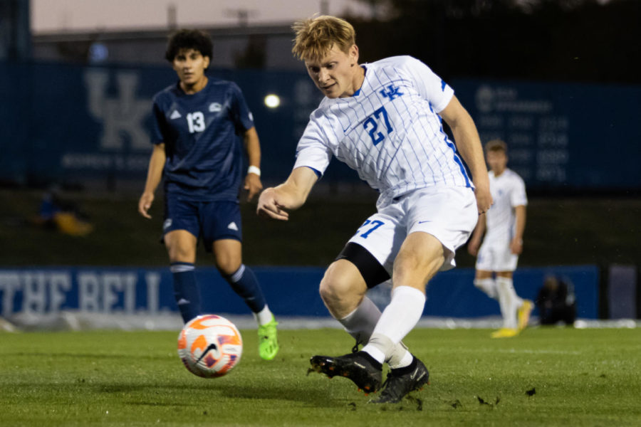 Kentucky Wildcats forward Ben Damge (27) scores a goal during the Kentucky vs. Georgia Southern mens soccer match on Sunday, Oct. 9, 2022, at the Wendell & Vickie Bell Soccer Complex in Lexington, Kentucky. UK won 6-0. Photo by Jackson Dunavant | Staff