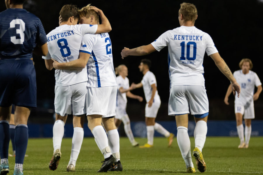 Kentucky players celebrate a goal during the Kentucky vs. Georgia Southern mens soccer match on Sunday, Oct. 9, 2022, at the Wendell & Vickie Bell Soccer Complex in Lexington, Kentucky. UK won 6-0. Photo by Jackson Dunavant | Staff