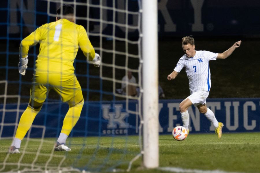 Kentucky Wildcats midfielder Nick Gutmann (7) attempts to score a goal during the Kentucky vs. Georgia Southern mens soccer match on Sunday, Oct. 9, 2022, at the Wendell & Vickie Bell Soccer Complex in Lexington, Kentucky. UK won 6-0. Photo by Jackson Dunavant | Staff