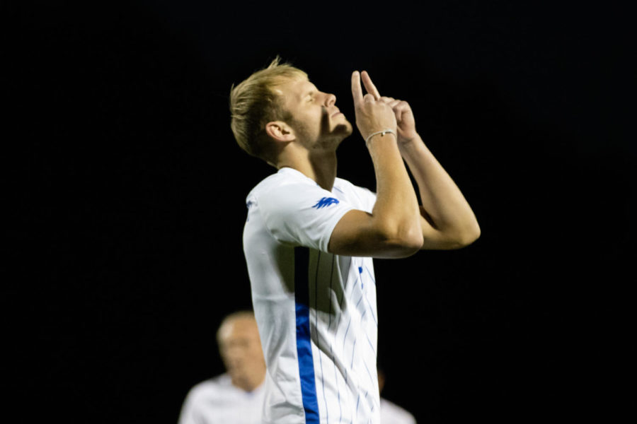 Kentucky Wildcats forward Eythor Bjorgolfsson (9) celebrates during the Kentucky vs. Georgia Southern mens soccer match on Sunday, Oct. 9, 2022, at the Wendell & Vickie Bell Soccer Complex in Lexington, Kentucky. UK won 6-0. Photo by Jackson Dunavant | Staff