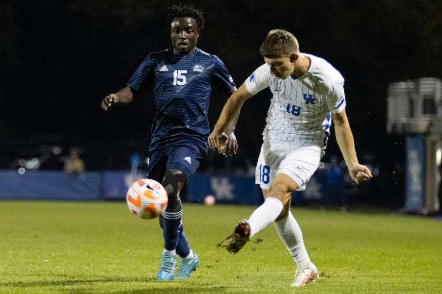 Kentucky Wildcats defender Justin Scharf (18) passes the ball during the Kentucky vs. Georgia Southern mens soccer match on Sunday, Oct. 9, 2022, at the Wendell & Vickie Bell Soccer Complex in Lexington, Kentucky. UK won 6-0. Photo by Jackson Dunavant | Staff