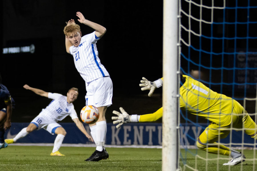 Kentucky Wildcats forward Ben Damge (27) dodges the ball during the Kentucky vs. Georgia Southern mens soccer match on Sunday, Oct. 9, 2022, at the Wendell & Vickie Bell Soccer Complex in Lexington, Kentucky. UK won 6-0. Photo by Jackson Dunavant | Staff