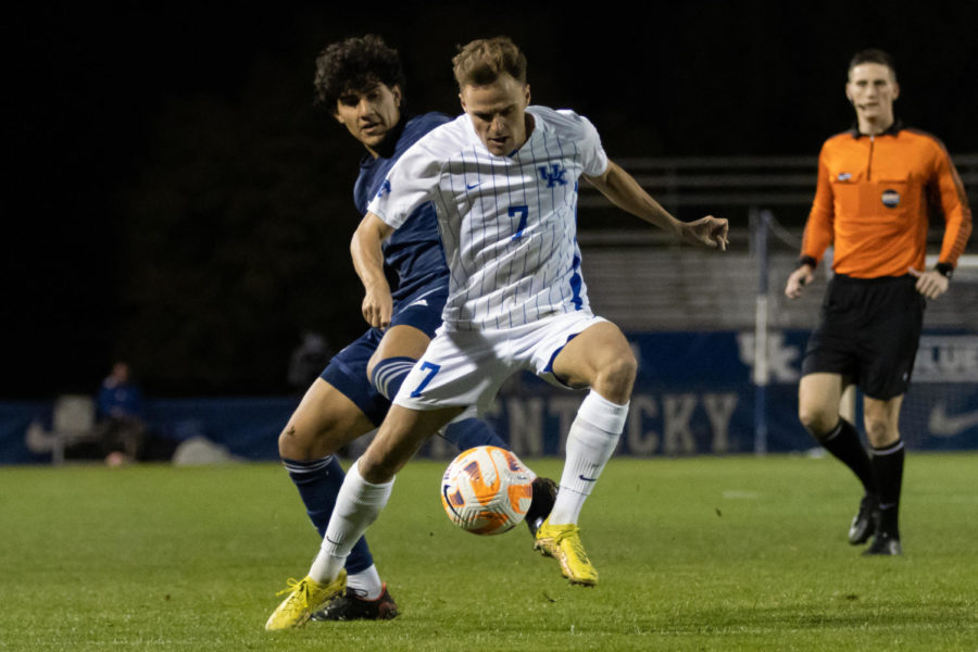Kentucky Wildcats midfielder Nick Gutmann (7) dribbles the ball up the field during the Kentucky vs. Georgia Southern mens soccer match on Sunday, Oct. 9, 2022, at the Wendell & Vickie Bell Soccer Complex in Lexington, Kentucky. UK won 6-0. Photo by Jackson Dunavant | Staff