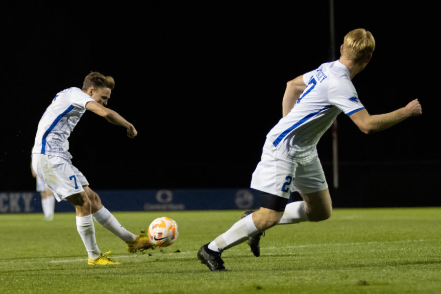 Kentucky Wildcats midfielder Nick Gutmann (7) attempts to score during the Kentucky vs. Georgia Southern mens soccer match on Sunday, Oct. 9, 2022, at the Wendell & Vickie Bell Soccer Complex in Lexington, Kentucky. UK won 6-0. Photo by Jackson Dunavant | Staff