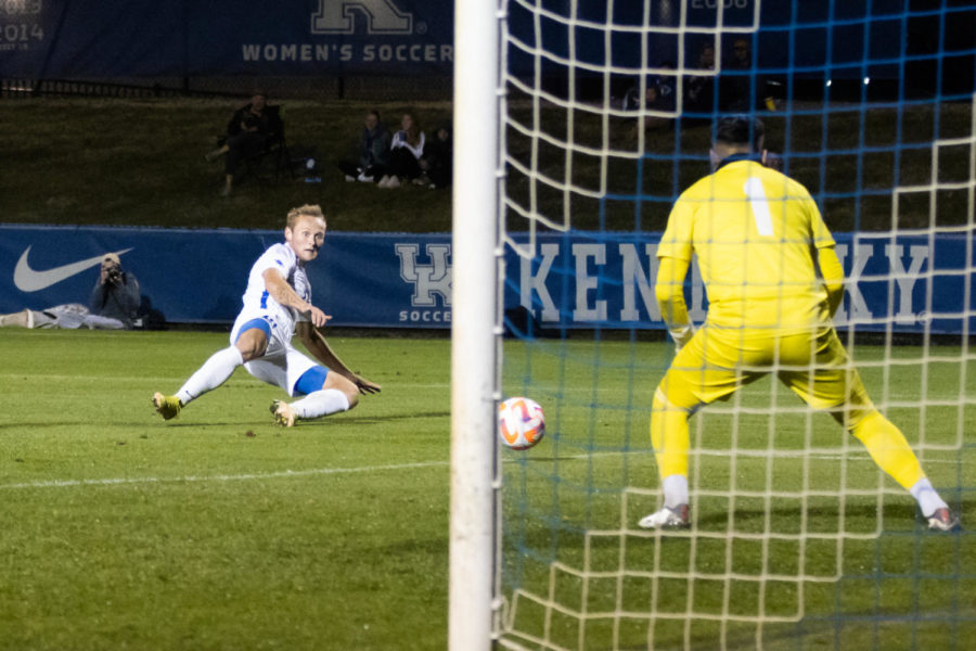 Kentucky Wildcats midfielder Casper Grening (10) attempts to score during the Kentucky vs. Georgia Southern mens soccer match on Sunday, Oct. 9, 2022, at the Wendell & Vickie Bell Soccer Complex in Lexington, Kentucky. UK won 6-0. Photo by Jackson Dunavant | Staff