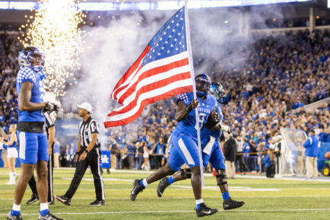 Kentucky Wildcats defensive tackle Octavious Oxendine (8) runs onto the field before the No. 13 Kentucky vs. South Carolina football game on Saturday, Oct. 8, 2022, at Kroger Field in Lexington, Kentucky. Kentucky lost 24-14. Photo by Isabel McSwain | Staff