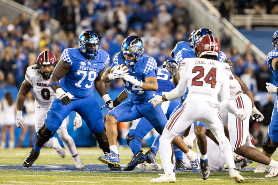 Kentucky Wildcats running back Chris Rodriguez Jr. (24) runs the ball down the field during the No. 13 Kentucky vs. South Carolina football game on Saturday, Oct. 8, 2022, at Kroger Field in Lexington, Kentucky. Kentucky lost 24-14. Photo by Isabel McSwain | Staff