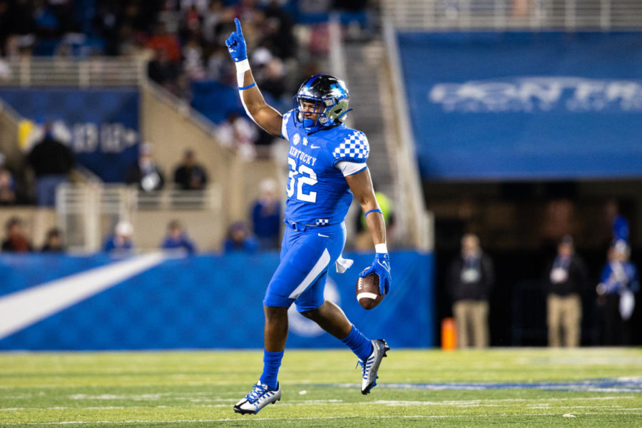 Kentucky+Wildcats+linebacker+Trevin+Wallace+%2832%29+celebrates+an+interception+during+the+No.+13+Kentucky+vs.+South+Carolina+football+game+on+Saturday%2C+Oct.+8%2C+2022%2C+at+Kroger+Field+in+Lexington%2C+Kentucky.+Kentucky+lost+24-14.+Photo+by+Isabel+McSwain+%7C+Staff