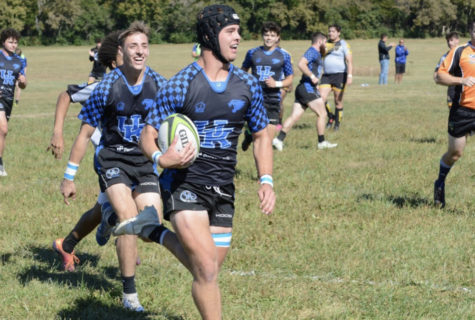 Kentucky club rugby freshman Joe Keough celebrates with junior John Hall during UKs 103-0 win over Kennesaw State on Saturday, Oct. 8, 2022, at Centennial Park in Lexington, Kentucky. Photo provided by Cassie Redden Photography
