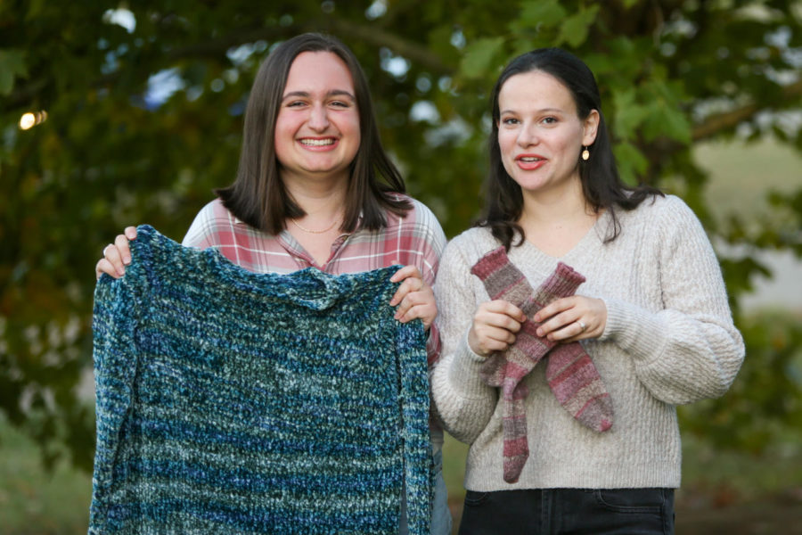 Shelby Fraley, left, and Cora Spohn, co-presidents of the UK Knitting club, pose for a photo on Tuesday, Oct. 4, 2022, at the University of Kentucky in Lexington, Kentucky. Photo by David Falade | Kentucky Kernel