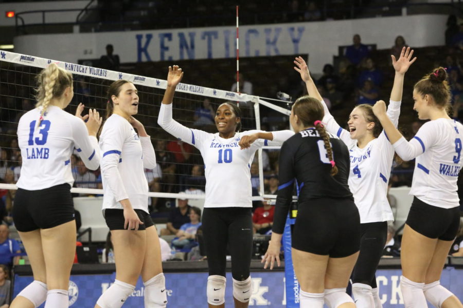 The+Volleyball+team+celebrating+after+beating+ole+miss+on+Wednesday%2C+Oct.+12%2C+2022%2C+at+Memorial+Coliseum+in+Lexington%2C+Kentucky.+Photo+by+Travis+Fannon+%7C+Staff