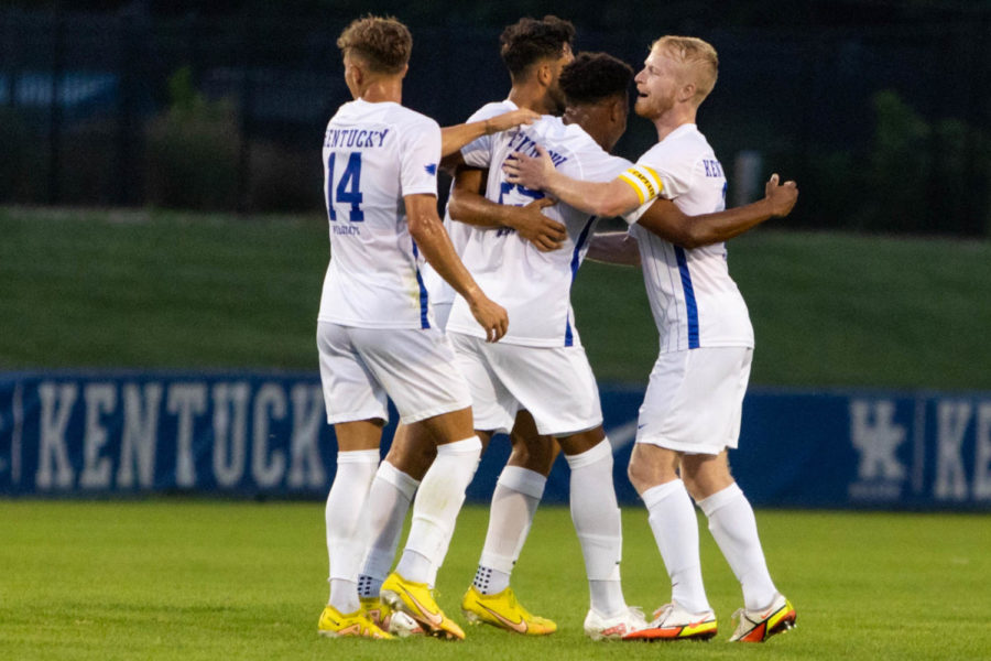 Kentucky players celebrate after a goal during the Kentucky vs. Seattle mens soccer on Monday, Aug. 29, 2022, at the Wendell and Vickie Bell Soccer Complex in Lexington, Kentucky. UK won 1-0. Photo by Abby Szydlik | Staff