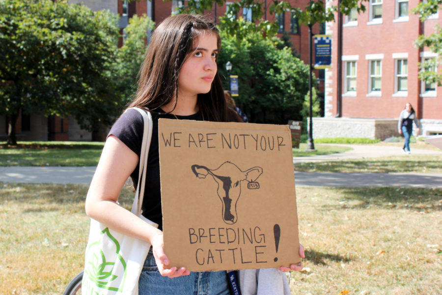 Freshman architecture major Emily Hernandez-Pachon holds a sign during a rally for sexual and reproductive justice hosted by College Democrats at UK on Thursday, Oct. 6, 2022, outside of Whitehall Classroom Building in Lexington, Kentucky. Photo by Kendall Staton | Kentucky Kernel