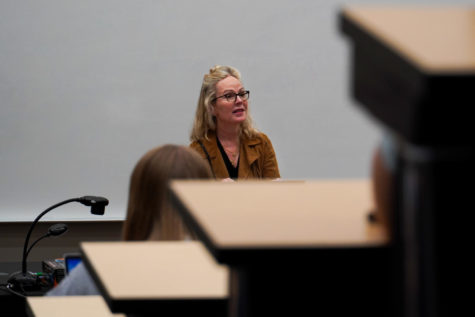Author Dani Shapiro speaks at the Whitehall Classroom Building on Thursday, Sept. 29, 2022, at the University of Kentucky in Lexington, Kentucky. Photo by Bryce Towle | Staff