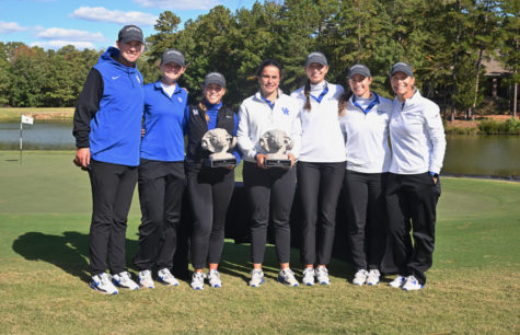 Members of the Kentucky womens golf team pose with the Ruth’s Chris Tar Heel Invitational trophy on Tuesday, Oct. 18, 2022, at the Governors Club in Chapel Hill, North Carolina. Photo provided by Jeffery Camarati.