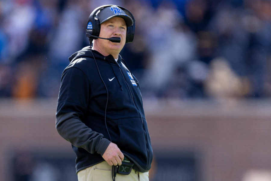 Kentucky Wildcats head coach Mark Stoops watches a replay during the Kentucky vs. Missouri football game on Saturday, Nov. 5, 2022, at Faurot Field in Columbia, Missouri. UK won 21-17. Photo by Jack Weaver | Staff