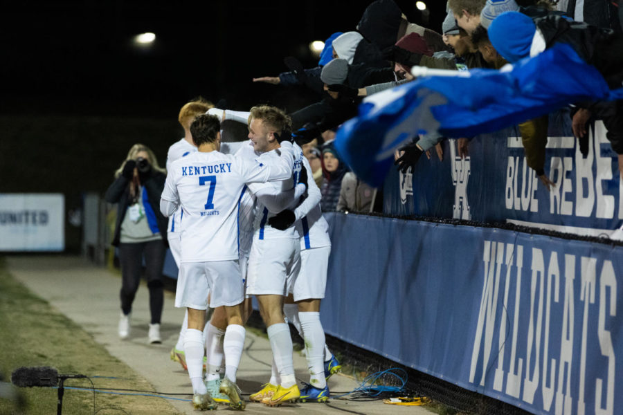 Kentucky players celebrate with fans after scoring their second goal during the No. 1 Kentucky vs. South Florida mens soccer match in the second round of the NCAA tournament on Sunday, Nov. 20, 2022, at the Wendell & Vickie Bell Soccer Complex in Lexington, Kentucky. Kentucky won 4-0. Photo by Jackson Dunavant | Staff