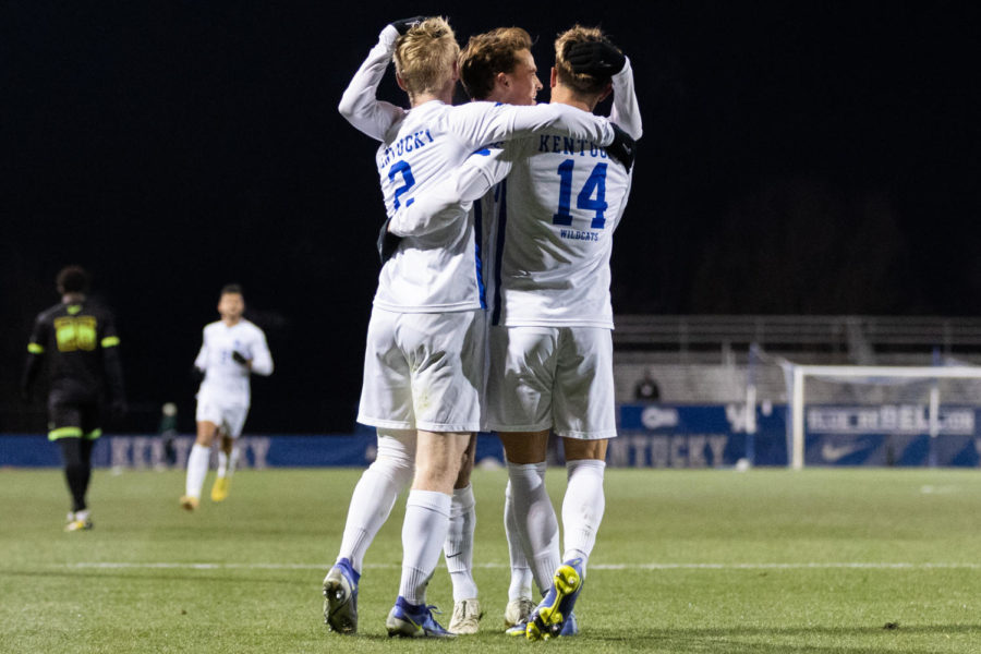 Kentucky players celebrate after scoring a goal during the No. 1 Kentucky vs. South Florida mens soccer match in the second round of the NCAA tournament on Sunday, Nov. 20, 2022, at the Wendell & Vickie Bell Soccer Complex in Lexington, Kentucky. Kentucky won 4-0. Photo by Jackson Dunavant | Staff