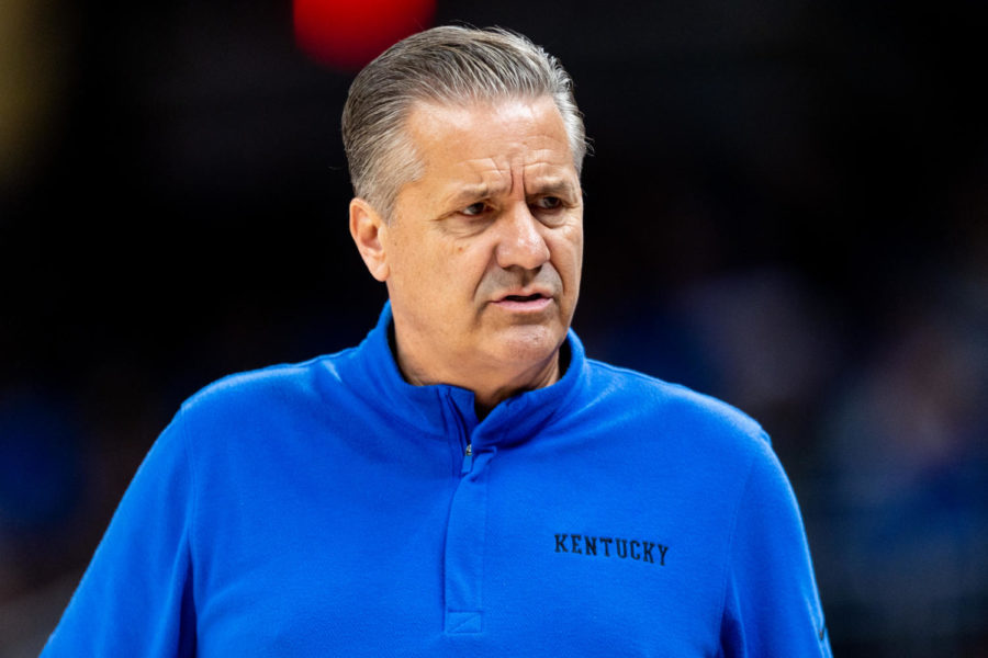 Kentucky Wildcats head coach John Calipari reacts to a play during the No. 4 Kentucky vs. Michigan State Champions Classic mens basketball game on Tuesday, Nov. 15, 2022, at Gainbridge Fieldhouse in Indianapolis. Michigan State won 86-77 in the second overtime. Photo by Jack Weaver | Staff
