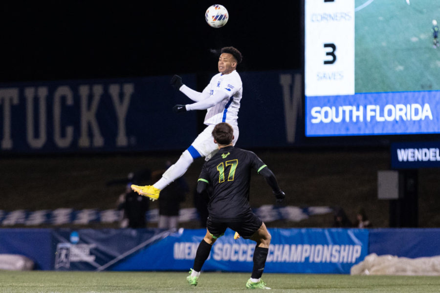 Kentucky Wildcats defender Taco Nsimpasi (23) heads the ball during the No. 1 Kentucky vs. South Florida mens soccer match in the second round of the NCAA tournament on Sunday, Nov. 20, 2022, at the Wendell & Vickie Bell Soccer Complex in Lexington, Kentucky. Kentucky won 4-0. Photo by Jackson Dunavant | Staff