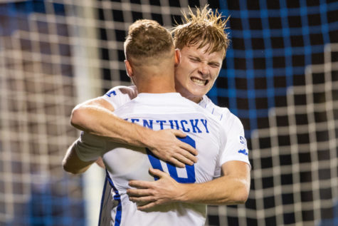 The Wildcats celebrate after scoring a goal during the No. 1 Kentucky vs. No. 8 South Carolina soccer match in the first round of the Sun Belt Tournament on Sunday, Nov. 6, 2022, at the Wendell & Vickie Bell Soccer Complex in Lexington, Kentucky. UK won 2-1. Photo by Isabel McSwain | Staff