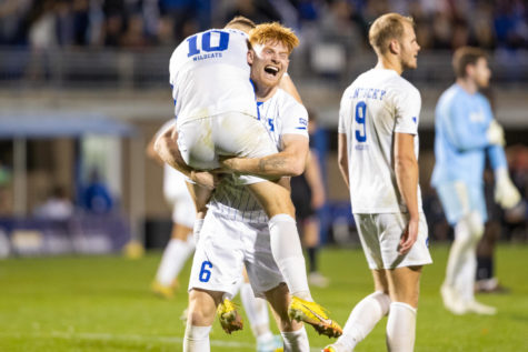 The Wildcats celebrate after a goal during the No. 1 Kentucky vs. No. 8 South Carolina soccer match in the first round of the Sun Belt Tournament on Sunday, Nov. 6, 2022, at the Wendell & Vickie Bell Soccer Complex in Lexington, Kentucky. UK won 2-1. Photo by Isabel McSwain | Staff