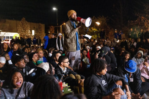 A demonstrator speaks during the March Against Racism on Monday, Nov. 7, 2022, at the University of Kentucky in Lexington, Kentucky. Photo by Jack Weaver | Staff