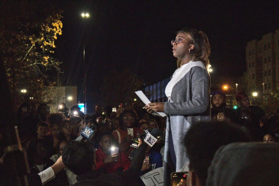 Kylah Spring, the alleged victim of assault and racial slurs while working at Boyd Hall, speaks to a crowd of demonstrators during the March Against Racism on Monday, Nov. 7, 2022, at the University of Kentucky in Lexington, Kentucky. Photo by Brady Saylor | Staff