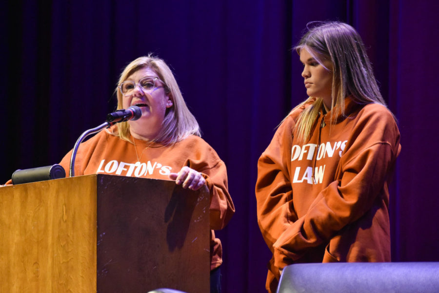 Tracey Hazelwood (left) and Preston Hazlewood speak at the Fraternity and Sorority Life 201 Hazing Prevention Program on Monday, Oct. 3, 2022, at the Singletary Center in Lexington, Kentucky. Photo by Abbey Cutrer | Kentucky Kernel