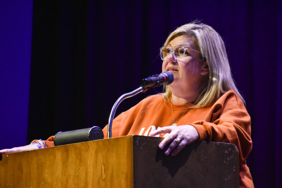 Tracey Hazelwood speaks at the Fraternity and Sorority Life 201 Hazing Prevention Program on Monday, Oct. 3, 2022, at the Singletary Center in Lexington, Kentucky. Photo by Abbey Cutrer | Staff