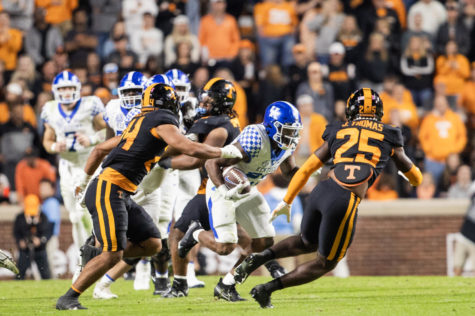 Kentucky Wildcats running back Chris Rodriguez Jr. (24) runs the ball down the field during the No. 19 Kentucky vs. No. 3 Tennessee football game on Saturday, Oct. 29, 2022, at Neyland Stadium in Knoxville, Tennessee.  Kentucky lost 44-6. Photo by Isabel McSwain | Staff