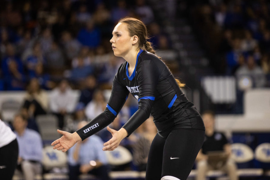 Kentucky Wildcats libero Eleanor Beavin (6) prepares for an incoming ball during the No. 10 Kentucky vs. Tennessee volleyball match on Wednesday, Nov. 16, 2022, at Memorial Coliseum in Lexington, Kentucky. Photo by Isabel McSwain | Staff